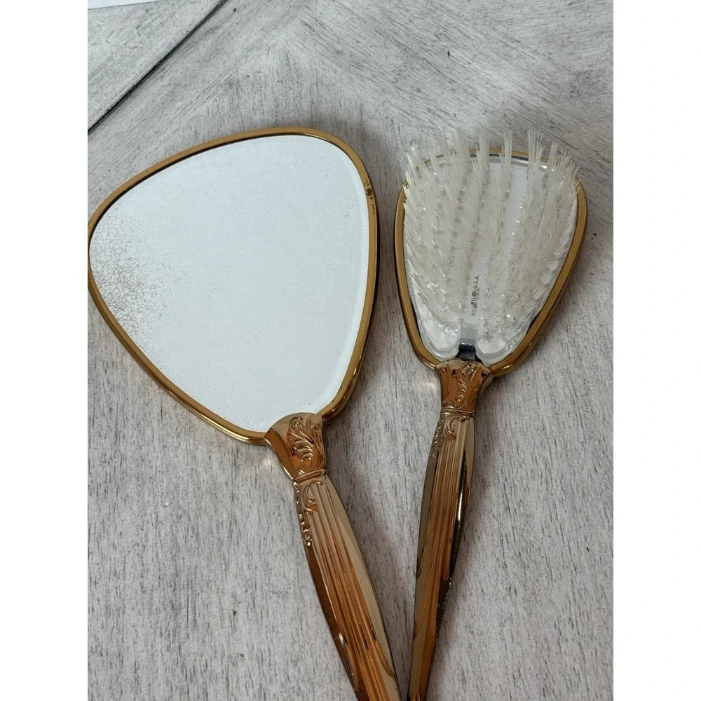 Vintage Gold Tone Hand Mirror & Brush Set Embossed Floral Fluted Handle Vanity